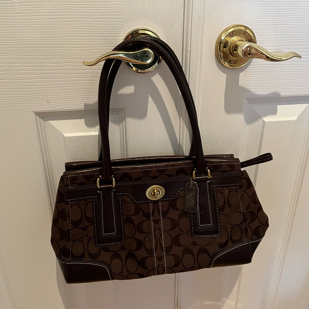 Coach Brown Tote Bag with Monogram Pattern and Leather Handles